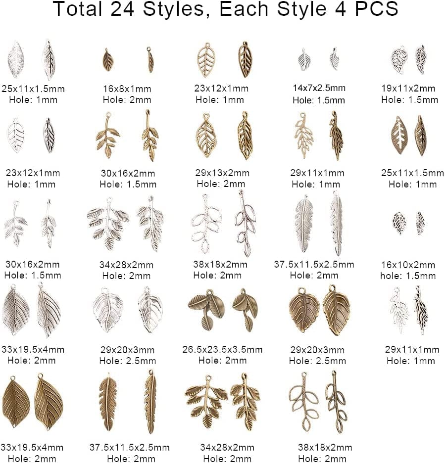 PH Pandahall 14 Styles Tree Leaf Charms, 96Pcs Tibetan Alloy Leaves Branch Beads Charms Metal Pendant Supplies Findings for Spring Fall Thanksgiving Bracelet Necklace Jewelry Making,