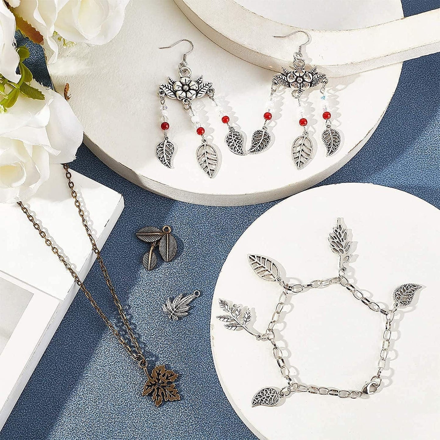 PH Pandahall 14 Styles Tree Leaf Charms, 96Pcs Tibetan Alloy Leaves Branch Beads Charms Metal Pendant Supplies Findings for Spring Fall Thanksgiving Bracelet Necklace Jewelry Making,