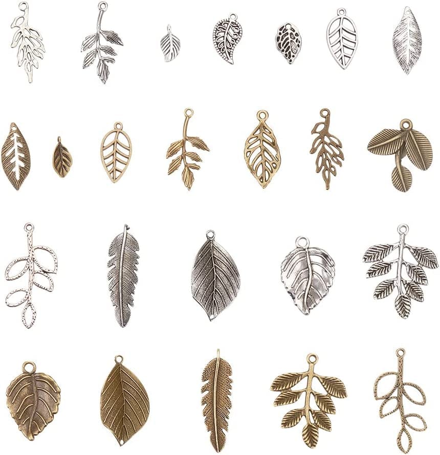 PH Pandahall 14 Styles Tree Leaf Charms, 96Pcs Tibetan Alloy Leaves Branch Beads Charms Metal Pendant Supplies Findings for Spring Fall Thanksgiving Bracelet Necklace Jewelry Making, Antique Bronze Silver