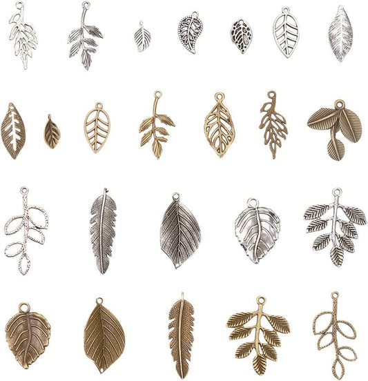 PH Pandahall 14 Styles Tree Leaf Charms, 96Pcs Tibetan Alloy Leaves Branch Beads Charms Metal Pendant Supplies Findings for Spring Fall Thanksgiving Bracelet Necklace Jewelry Making, Antique Bronze Silver