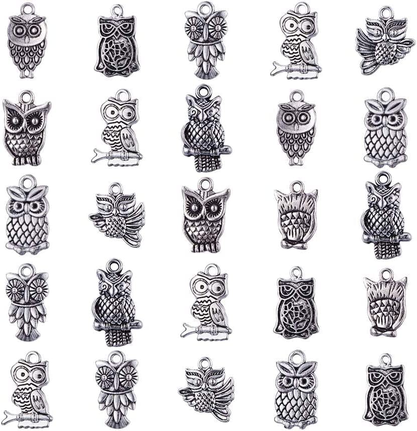 PH Pandahall 150Pcs Puppy Dog Paw Prints Charms Antique Silver Tibetan Alloy Flat Animal Cat Bear Footprint Charms Pendant Beads Charms for DIY Bracelet Necklace Jewelry Making Mixed Style Owl - 50pcs