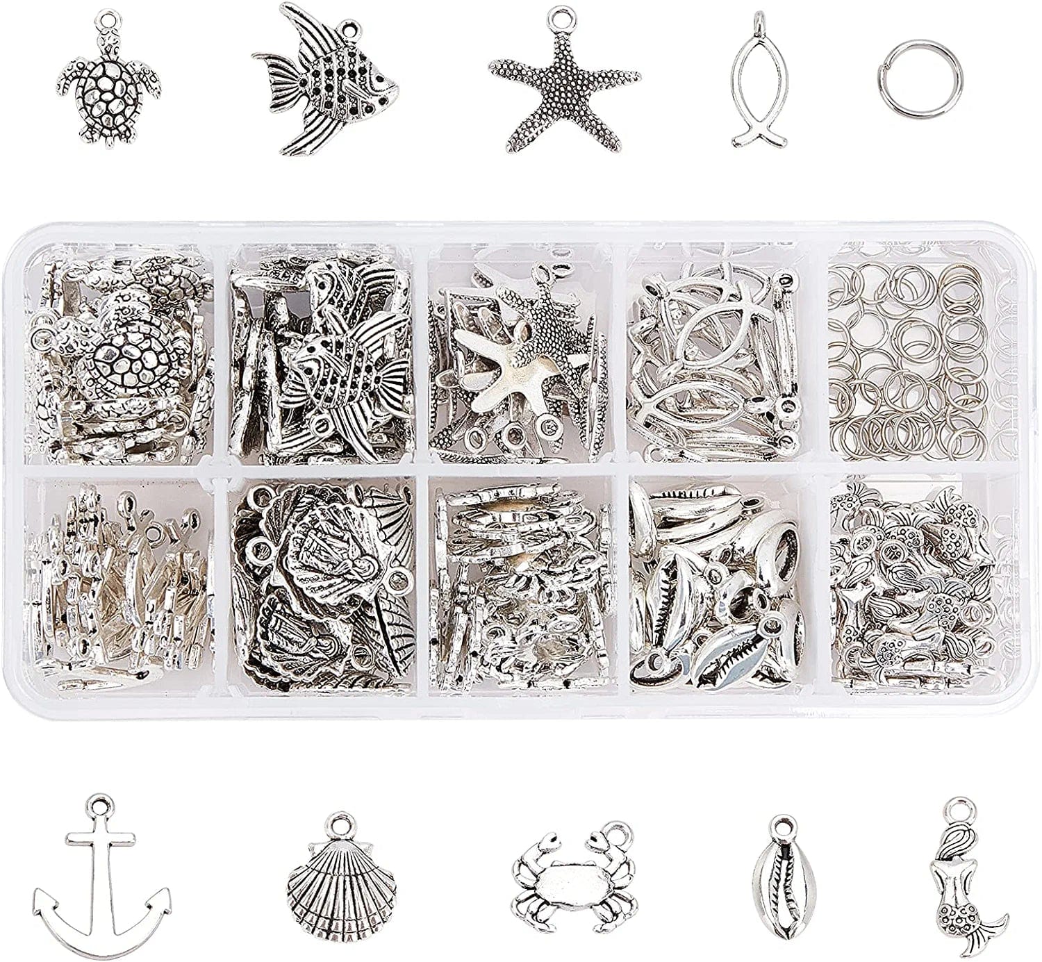 PH Pandahall 150Pcs Puppy Dog Paw Prints Charms Antique Silver Tibetan Alloy Flat Animal Cat Bear Footprint Charms Pendant Beads Charms for DIY Bracelet Necklace Jewelry Making 9 Styles Ocean Animals - 180pcs