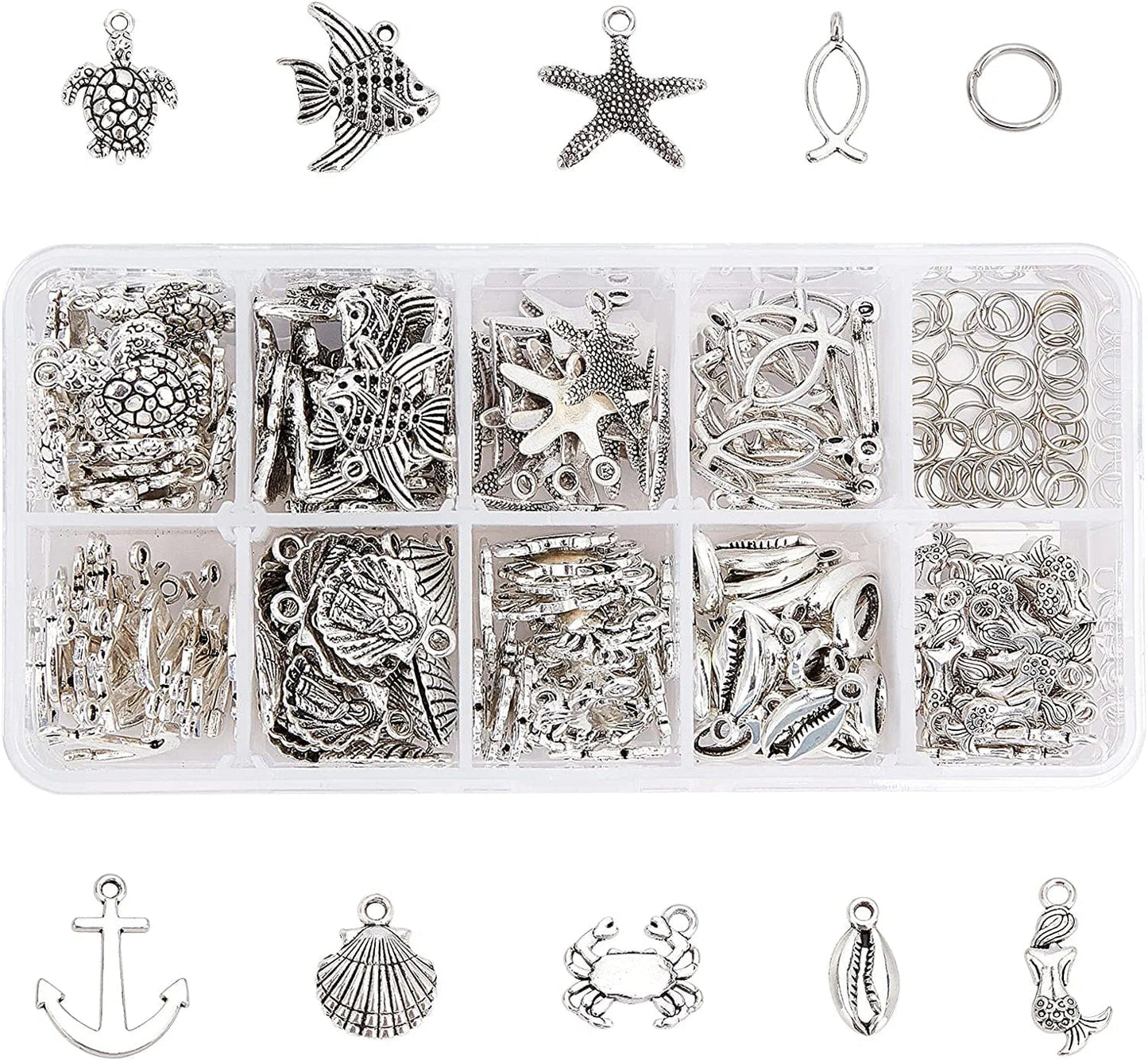 PH Pandahall 150Pcs Puppy Dog Paw Prints Charms Antique Silver Tibetan Alloy Flat Animal Cat Bear Footprint Charms Pendant Beads Charms for DIY Bracelet Necklace Jewelry Making 9 Styles Ocean Animals - 180pcs