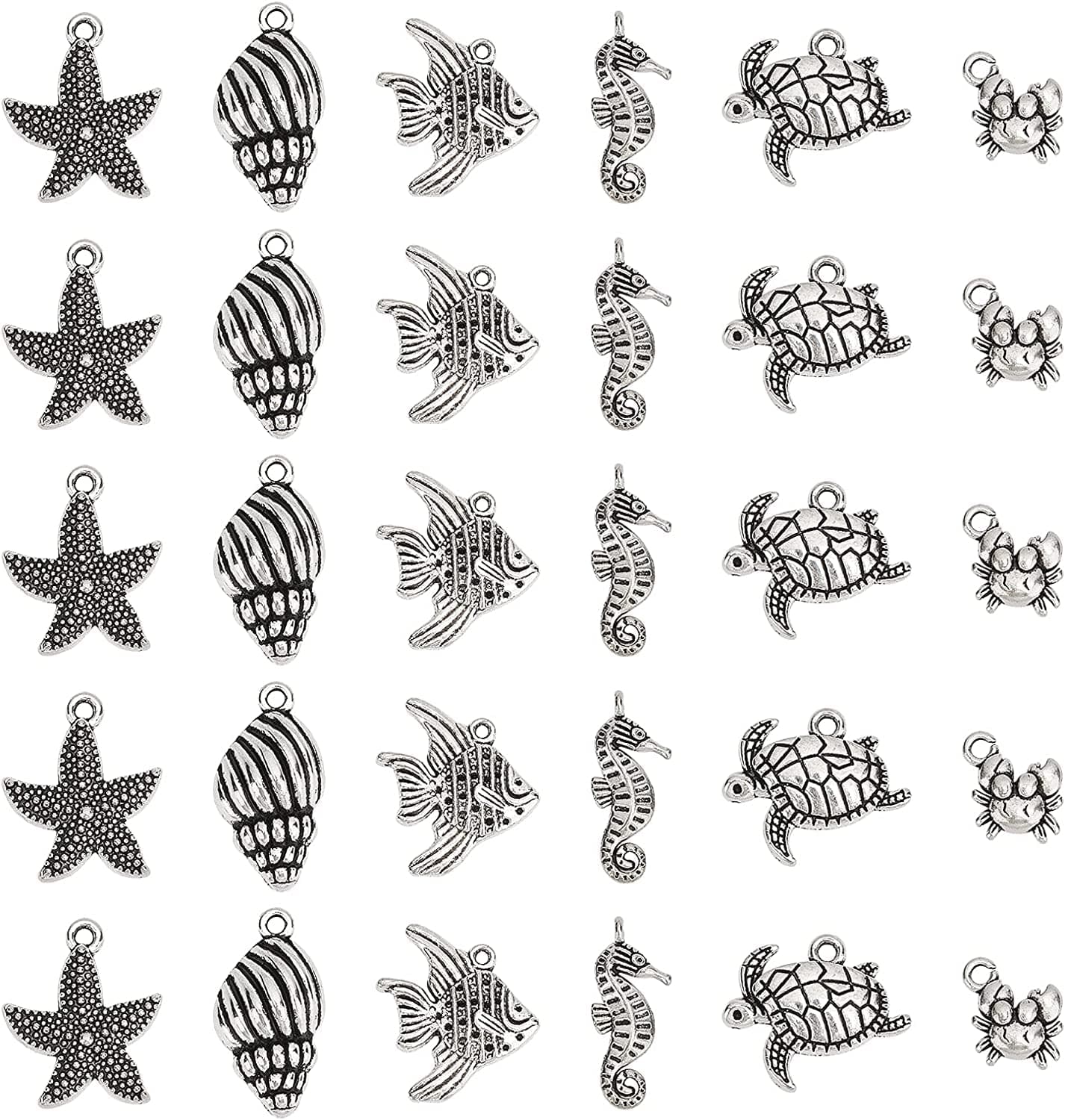 PH Pandahall 150Pcs Puppy Dog Paw Prints Charms Antique Silver Tibetan Alloy Flat Animal Cat Bear Footprint Charms Pendant Beads Charms for DIY Bracelet Necklace Jewelry Making 6 Styles Ocean Animals - 30pcs