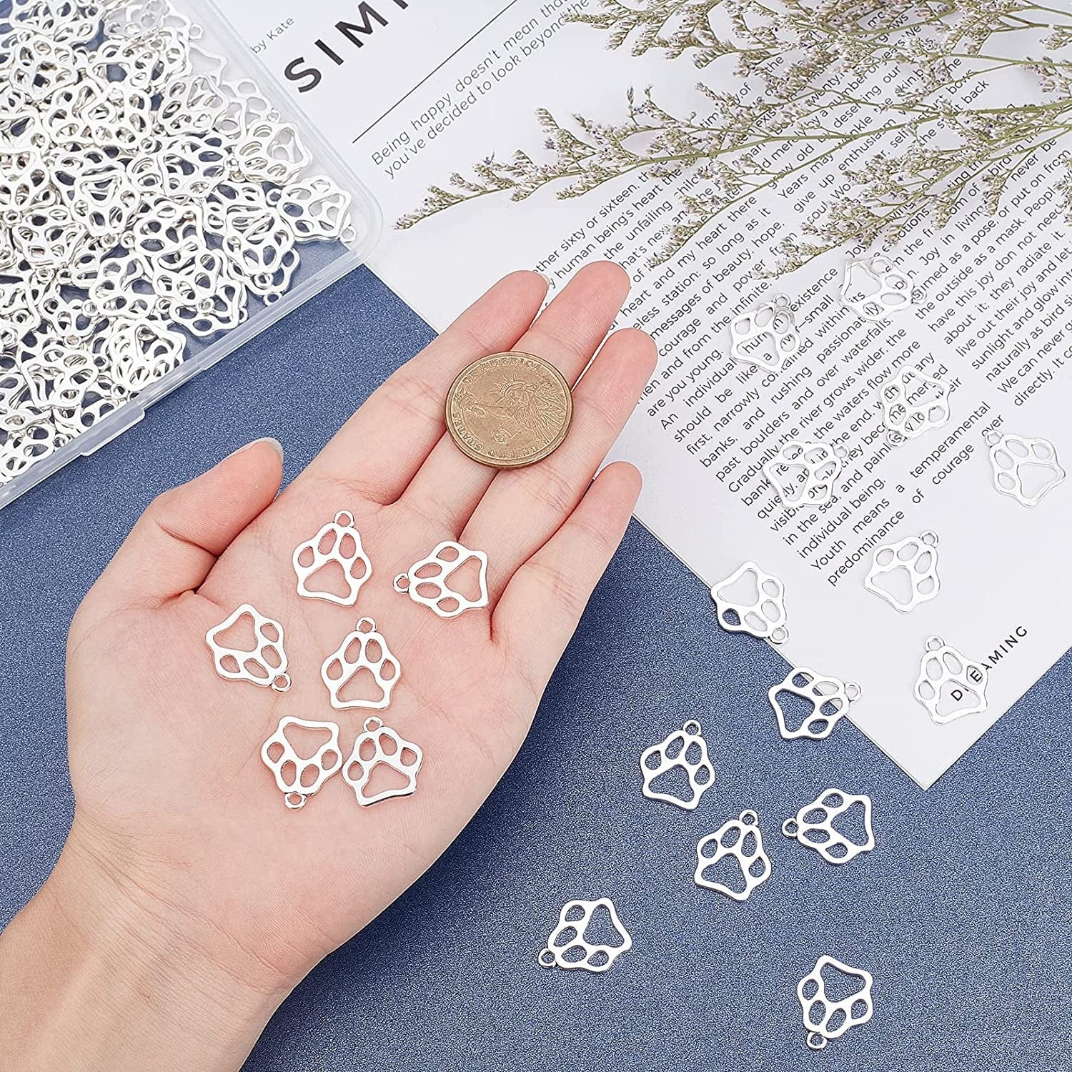 PH Pandahall 150Pcs Puppy Dog Paw Prints Charms Antique Silver Tibetan Alloy Flat Animal Cat Bear Footprint Charms Pendant Beads Charms for DIY Bracelet Necklace Jewelry Making