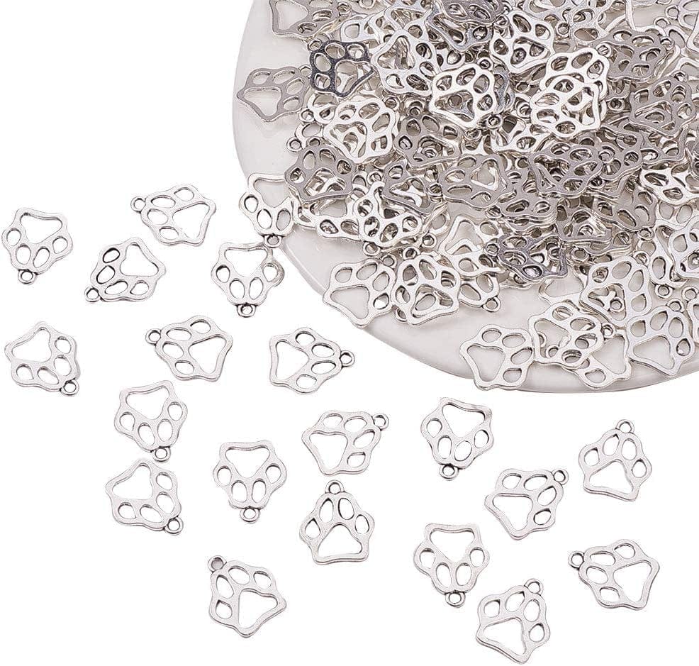 PH Pandahall 150Pcs Puppy Dog Paw Prints Charms Antique Silver Tibetan Alloy Flat Animal Cat Bear Footprint Charms Pendant Beads Charms for DIY Bracelet Necklace Jewelry Making Dog Paw - 150pcs