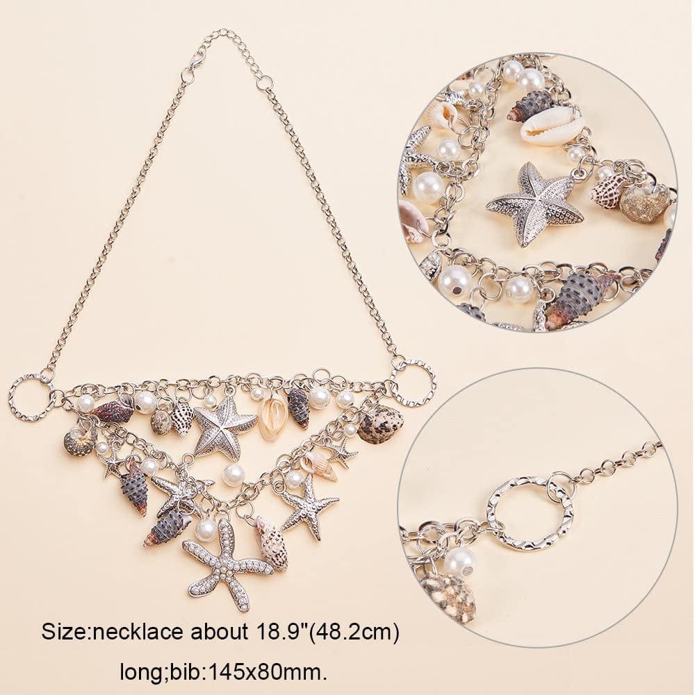 PH Pandahall 3 in 1 Fashion Sea Shell Starfish Faux Pearl Collar Bib Statement Chunky Mermaid Tail Necklace Bracelet and Earrings Mermaid Costume Jewelry for Women Set in Gift Box (Platinum)