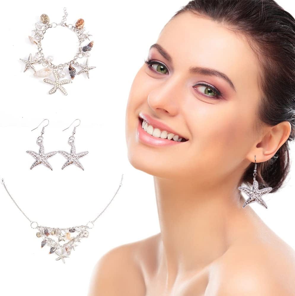 PH Pandahall 3 in 1 Fashion Sea Shell Starfish Faux Pearl Collar Bib Statement Chunky Mermaid Tail Necklace Bracelet and Earrings Mermaid Costume Jewelry for Women Set in Gift Box (Platinum)