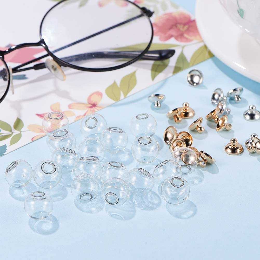 PH Pandahall 50 Pcs 12Mm Mini Empty Clear Glass Globe Bottles with Platinum & Golden Brass Bails Cap for Earring Pendant DIY Jewelry Making