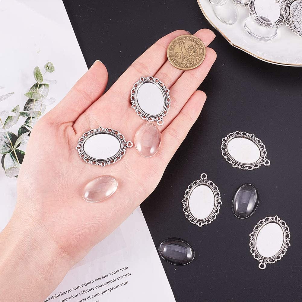 PH Pandahall 60Pcs Bezel Pendant Blanks Settings - 30Pcs Oval Pendant Trays Bezel Blanks with 30Pcs Glass Cabochons for Bouquet Bridal Wedding Brides Graduation Photo Charm Jewelry Making, 25X18Mm