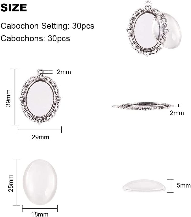 PH Pandahall 60Pcs Bezel Pendant Blanks Settings - 30Pcs Oval Pendant Trays Bezel Blanks with 30Pcs Glass Cabochons for Bouquet Bridal Wedding Brides Graduation Photo Charm Jewelry Making, 25X18Mm