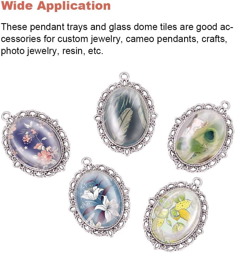 PH Pandahall 60Pcs Bezel Pendant Blanks Settings - 30Pcs Oval Pendant Trays Bezel Blanks with 30Pcs Glass Cabochons for Bouquet Bridal Wedding Brides Graduation Photo Charm Jewelry Making, 25X18Mm