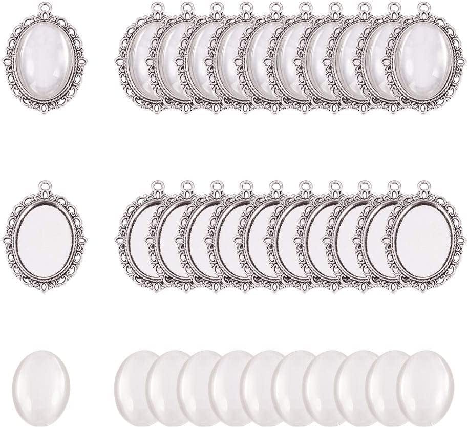 PH Pandahall 60Pcs Bezel Pendant Blanks Settings - 30Pcs Oval Pendant Trays Bezel Blanks with 30Pcs Glass Cabochons for Bouquet Bridal Wedding Brides Graduation Photo Charm Jewelry Making, 25X18Mm