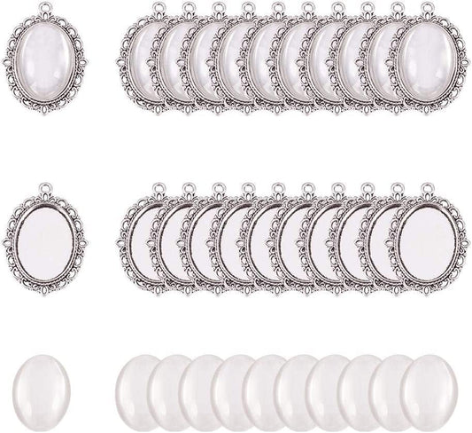 PH Pandahall 60Pcs Bezel Pendant Blanks Settings - 30Pcs Oval Pendant Trays Bezel Blanks with 30Pcs Glass Cabochons for Bouquet Bridal Wedding Brides Graduation Photo Charm Jewelry Making, 25X18Mm
