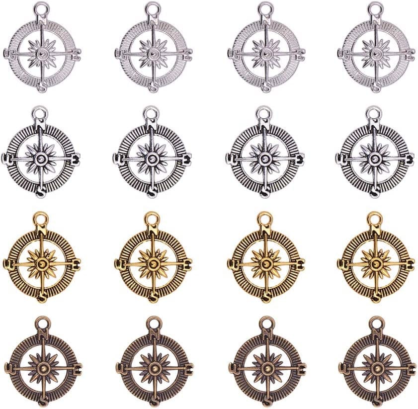 PH Pandahall 90 Pcs 6 Styles Tibetan Style Sea Turtle Shape Alloy Pendants Charm Spacer Beads for Bracelet Necklace Jewelry DIY Craft Making, Antique Silver Antique Silver-60pcs-1 / Compass