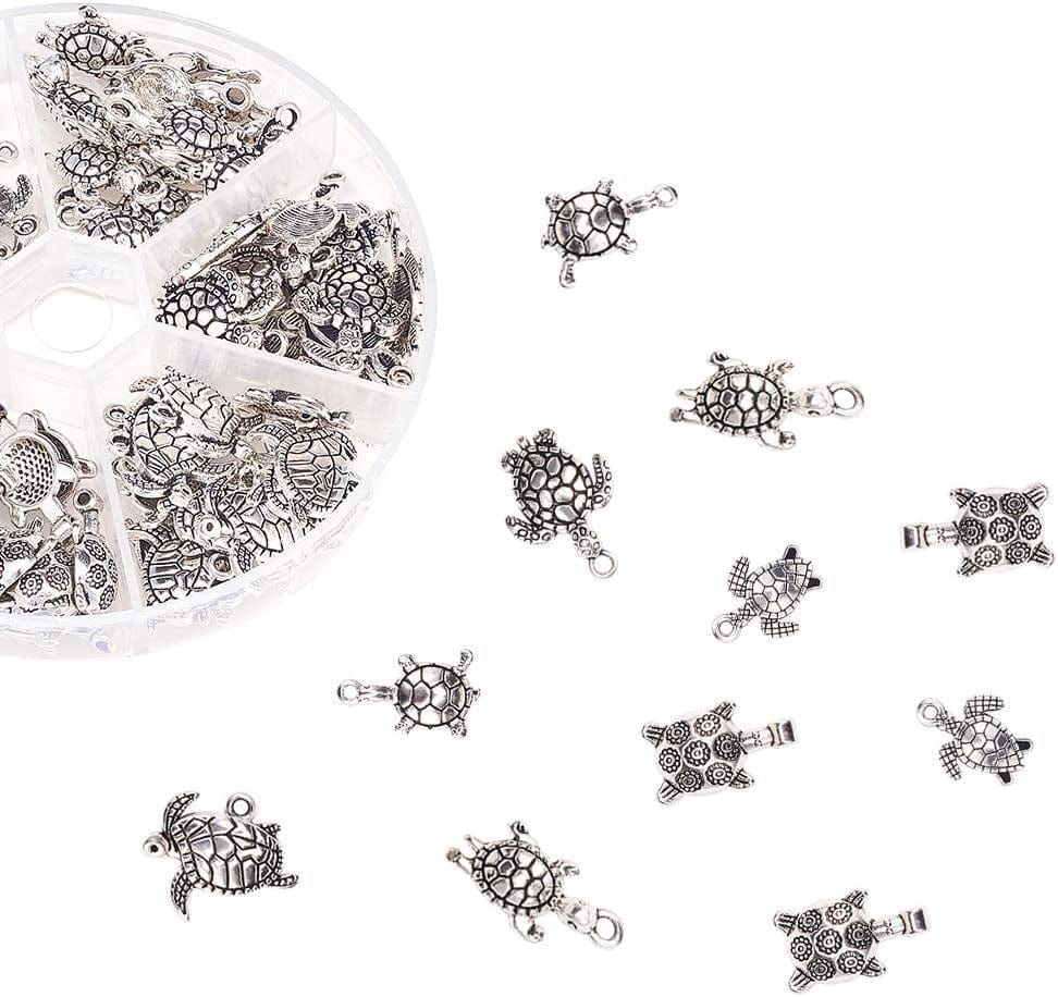PH Pandahall 90 Pcs 6 Styles Tibetan Style Sea Turtle Shape Alloy Pendants Charm Spacer Beads for Bracelet Necklace Jewelry DIY Craft Making, Antique Silver
