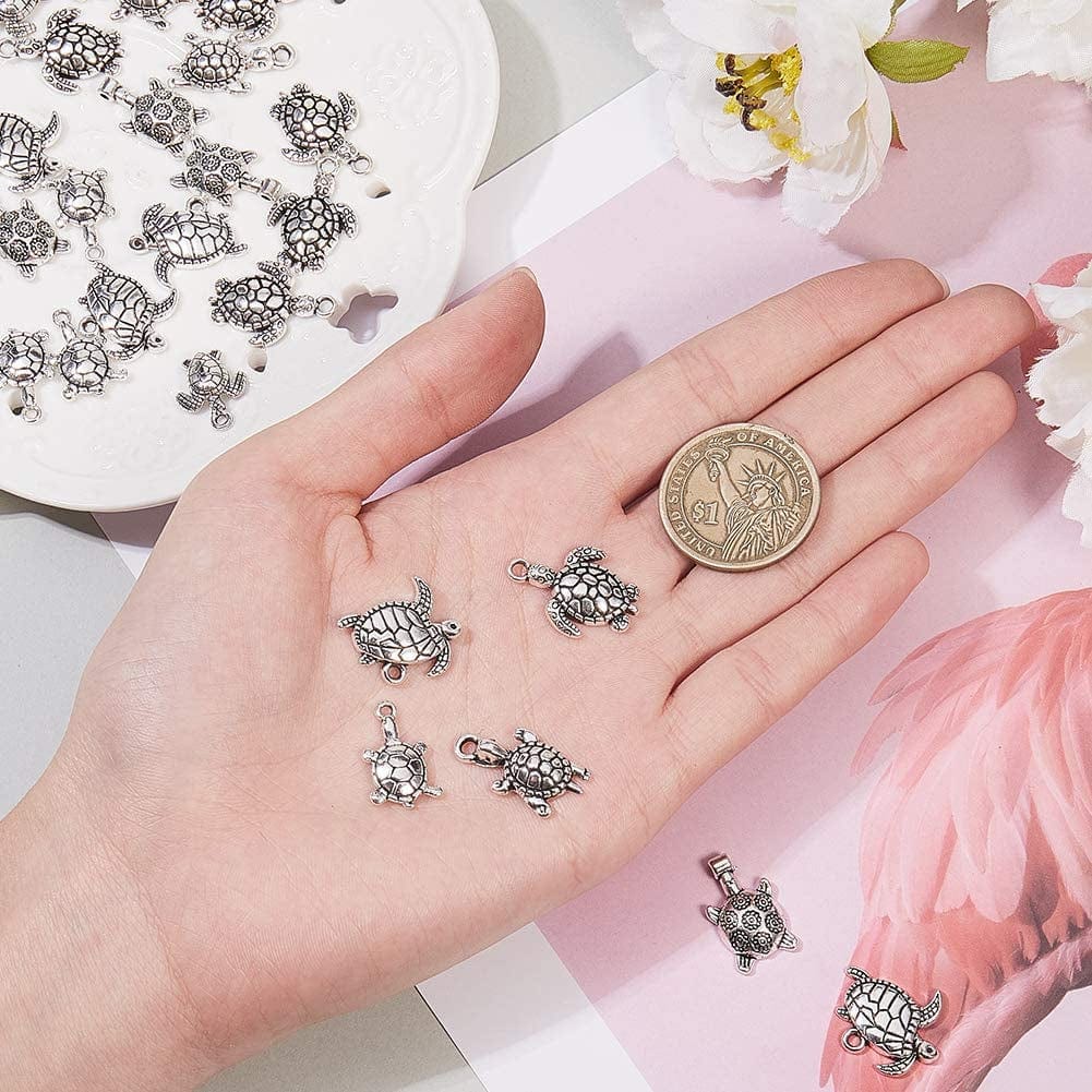 PH Pandahall 90 Pcs 6 Styles Tibetan Style Sea Turtle Shape Alloy Pendants Charm Spacer Beads for Bracelet Necklace Jewelry DIY Craft Making, Antique Silver
