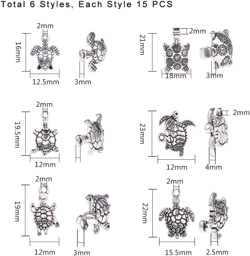 PH Pandahall 90 Pcs 6 Styles Tibetan Style Sea Turtle Shape Alloy Pendants Charm Spacer Beads for Bracelet Necklace Jewelry DIY Craft Making, Antique Silver