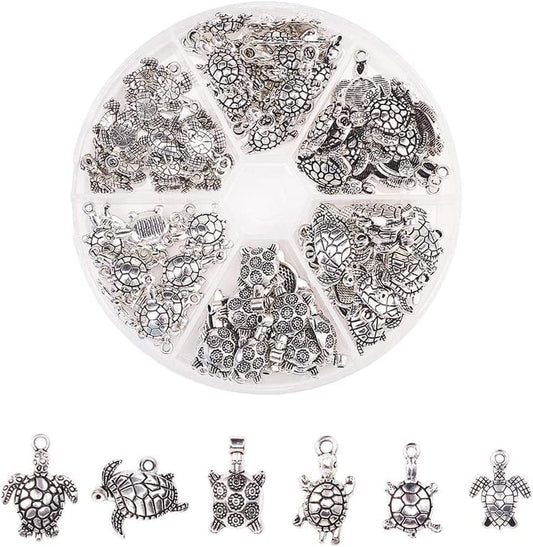 PH Pandahall 90 Pcs 6 Styles Tibetan Style Sea Turtle Shape Alloy Pendants Charm Spacer Beads for Bracelet Necklace Jewelry DIY Craft Making, Antique Silver Antique Silver-90pcs / Sea Turtle
