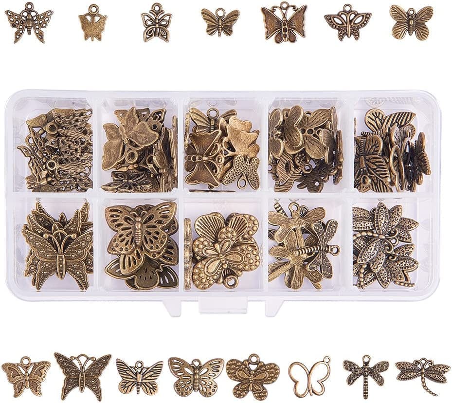 PH Pandahall 90Pcs 15 Style Ocean Fish Charms Tibetan Seashell Marine Pendants Antique Silver Animal Sea Creatures Charms Pendants for Wakiki Hawaii DIY Bracelet Necklace Keychain Jewelry Making 15 Styles Butterfly - 90pcs