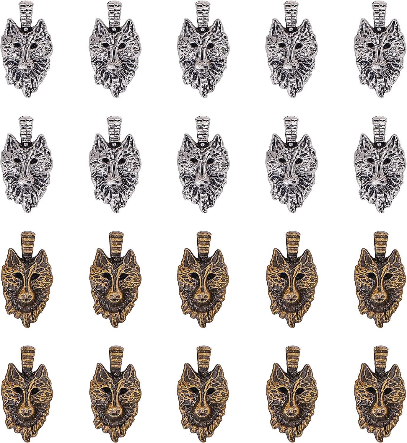 PH Pandahall 90Pcs 15 Style Ocean Fish Charms Tibetan Seashell Marine Pendants Antique Silver Animal Sea Creatures Charms Pendants for Wakiki Hawaii DIY Bracelet Necklace Keychain Jewelry Making 2 Colors Wolf Head - 40pcs