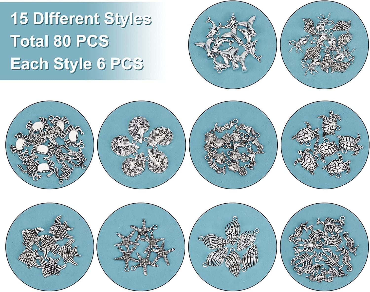 PH Pandahall 90Pcs 15 Style Ocean Fish Charms Tibetan Seashell Marine Pendants Antique Silver Animal Sea Creatures Charms Pendants for Wakiki Hawaii DIY Bracelet Necklace Keychain Jewelry Making