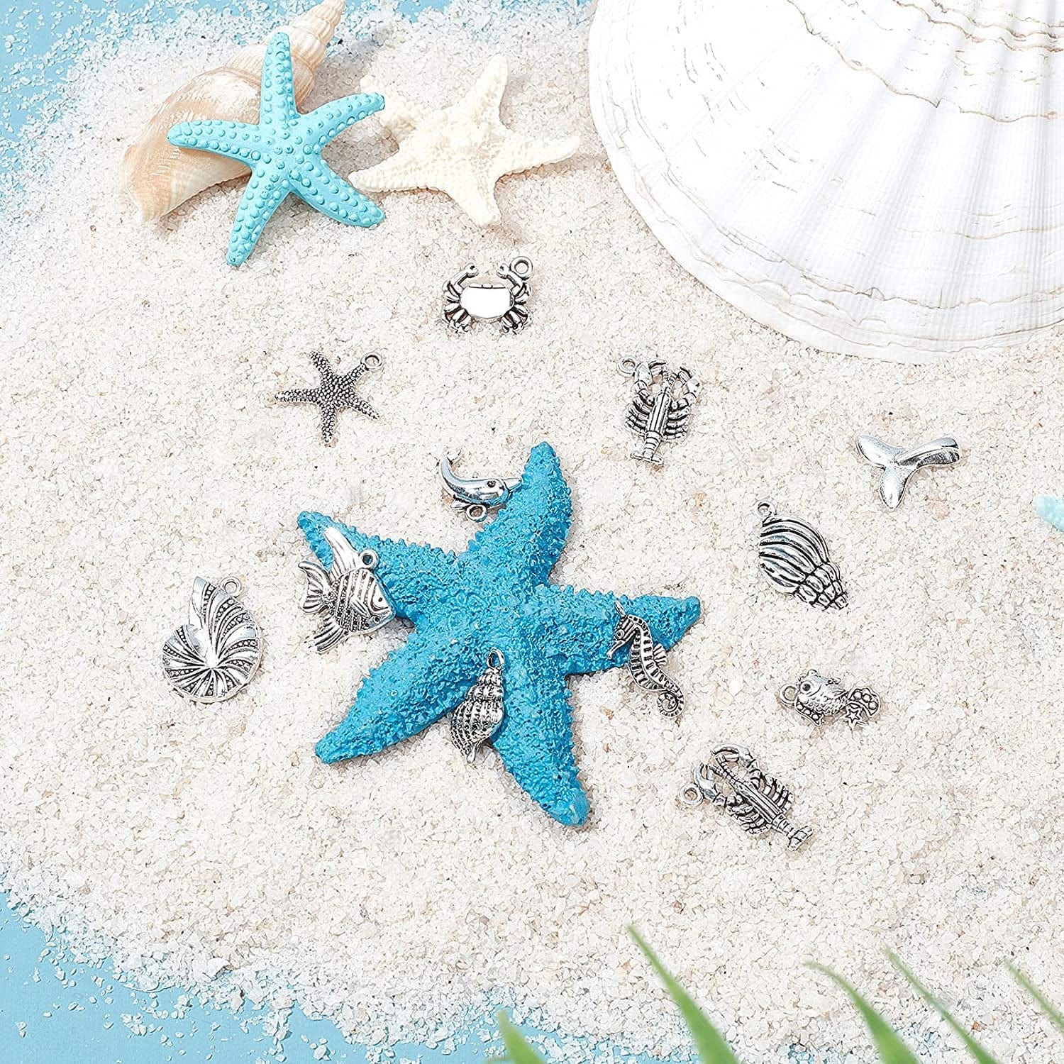 PH Pandahall 90Pcs 15 Style Ocean Fish Charms Tibetan Seashell Marine Pendants Antique Silver Animal Sea Creatures Charms Pendants for Wakiki Hawaii DIY Bracelet Necklace Keychain Jewelry Making