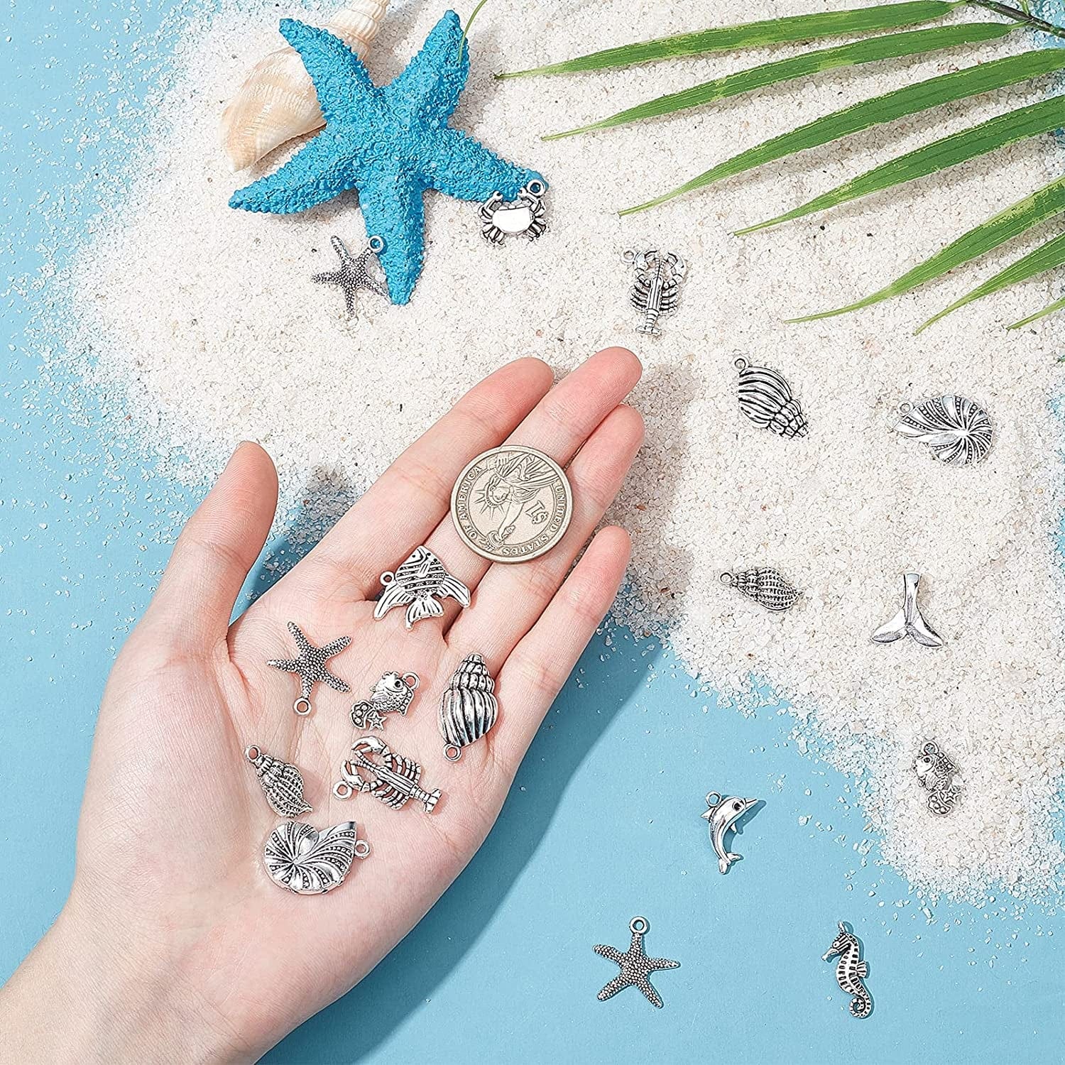 PH Pandahall 90Pcs 15 Style Ocean Fish Charms Tibetan Seashell Marine Pendants Antique Silver Animal Sea Creatures Charms Pendants for Wakiki Hawaii DIY Bracelet Necklace Keychain Jewelry Making