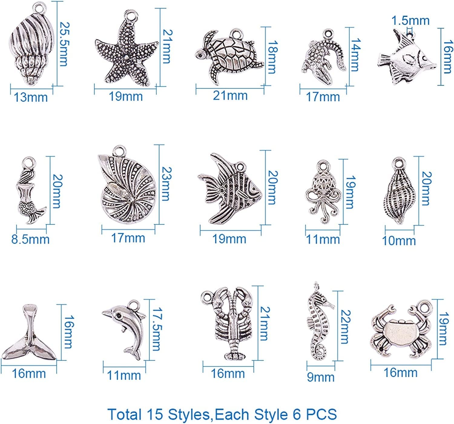 PH Pandahall 90Pcs 15 Style Ocean Fish Charms Tibetan Seashell Marine Pendants Antique Silver Animal Sea Creatures Charms Pendants for Wakiki Hawaii DIY Bracelet Necklace Keychain Jewelry Making