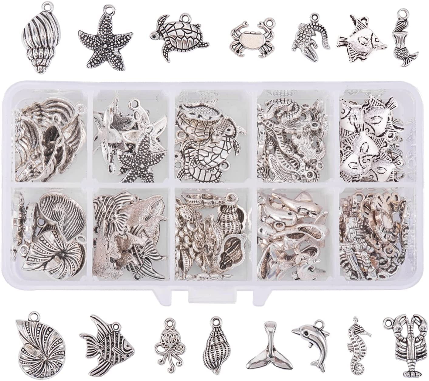 PH Pandahall 90Pcs 15 Style Ocean Fish Charms Tibetan Seashell Marine Pendants Antique Silver Animal Sea Creatures Charms Pendants for Wakiki Hawaii DIY Bracelet Necklace Keychain Jewelry Making 15 Styles Sea Creatures - 90pcs