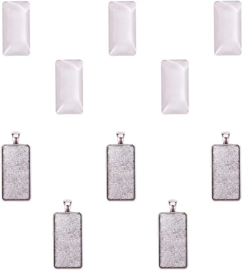 PH Pandahall Pendant Trays Set - 5Pcs Antique Silver Pendant Trays Cabochon Settings Wedding Bouquet Photo Charms, 5Pcs 1.5X1.1 Inch Oval Glass Cabochon Dome Tiles for DIY Wedding Bridal Graduation Antique Silver Rectangle - 5 Sets