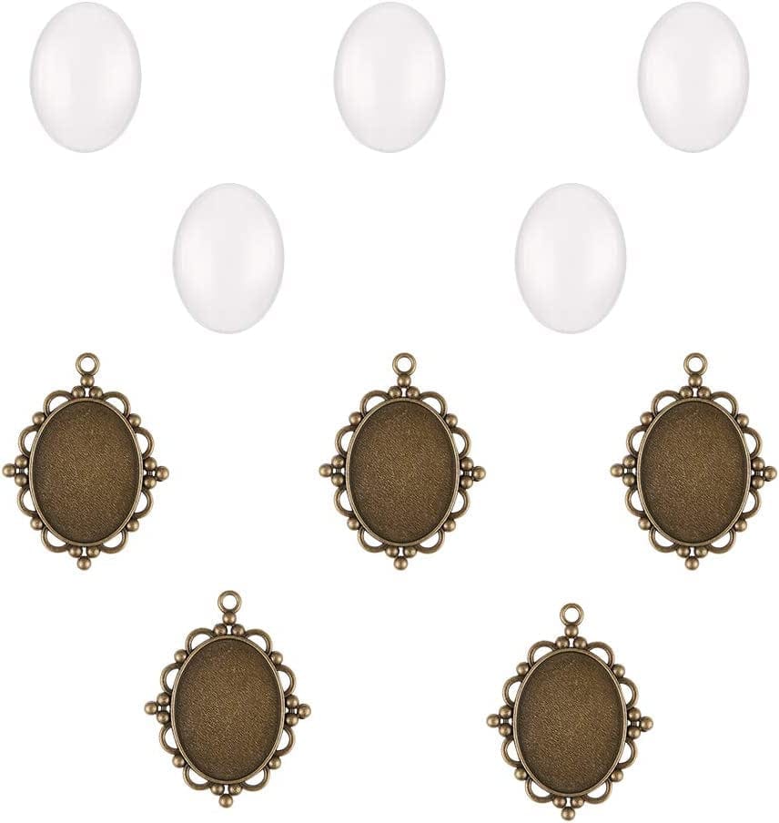 PH Pandahall Pendant Trays Set - 5Pcs Antique Silver Pendant Trays Cabochon Settings Wedding Bouquet Photo Charms, 5Pcs 1.5X1.1 Inch Oval Glass Cabochon Dome Tiles for DIY Wedding Bridal Graduation Antique Bronze Oval - 5 Sets