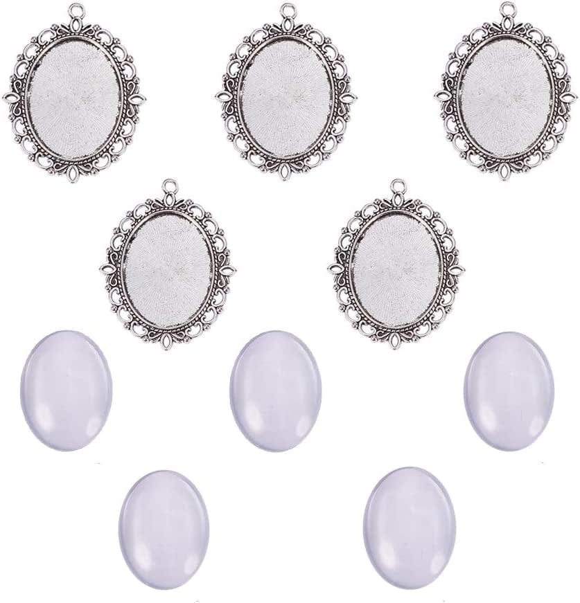 PH Pandahall Pendant Trays Set - 5Pcs Antique Silver Pendant Trays Cabochon Settings Wedding Bouquet Photo Charms, 5Pcs 1.5X1.1 Inch Oval Glass Cabochon Dome Tiles for DIY Wedding Bridal Graduation