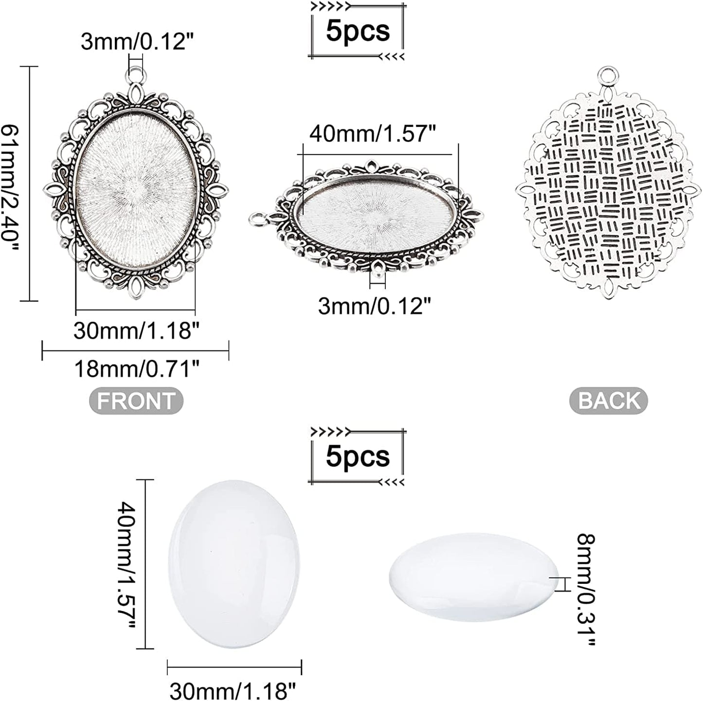 PH Pandahall Pendant Trays Set - 5Pcs Antique Silver Pendant Trays Cabochon Settings Wedding Bouquet Photo Charms, 5Pcs 1.5X1.1 Inch Oval Glass Cabochon Dome Tiles for DIY Wedding Bridal Graduation