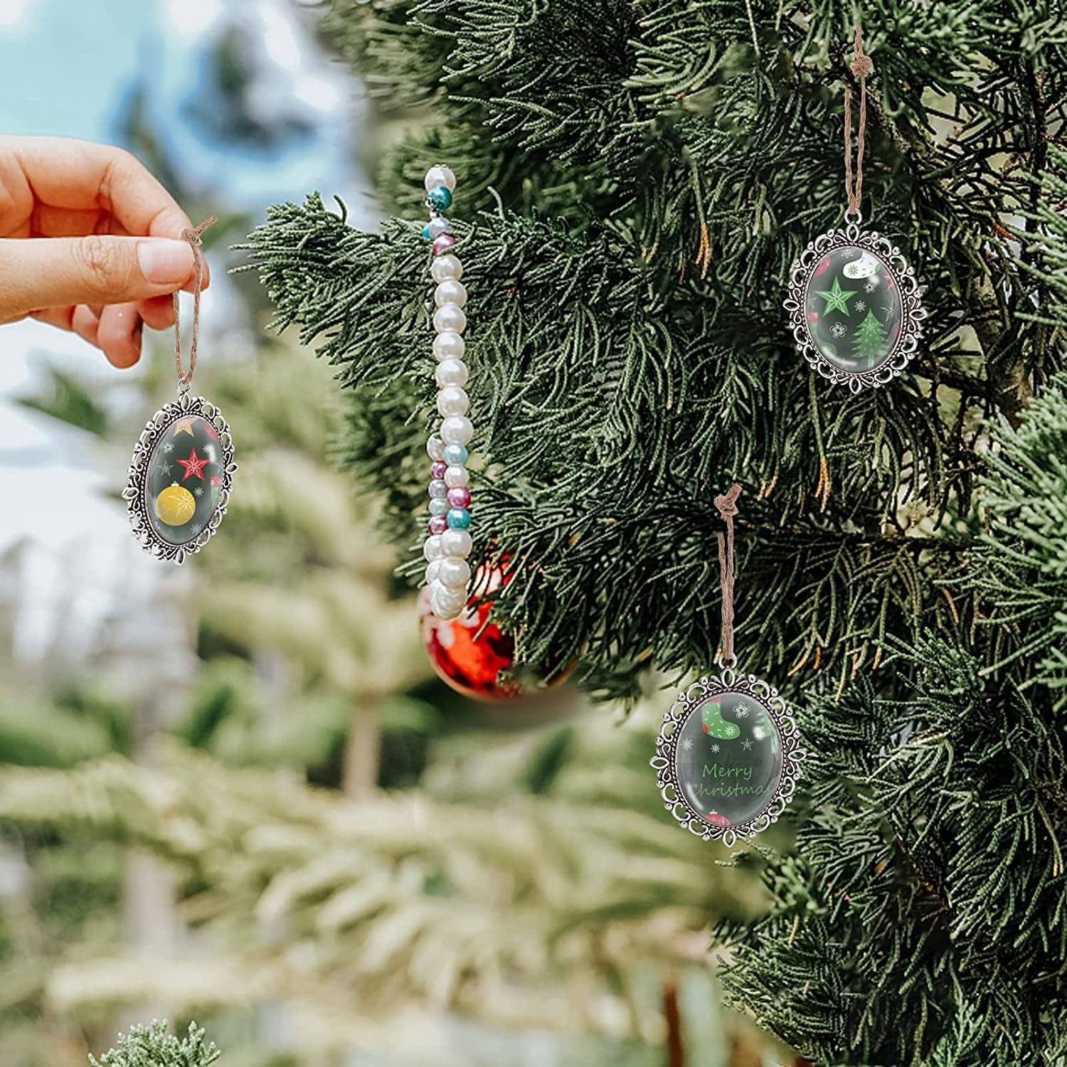 PH Pandahall Pendant Trays Set - 5Pcs Antique Silver Pendant Trays Cabochon Settings Wedding Bouquet Photo Charms, 5Pcs 1.5X1.1 Inch Oval Glass Cabochon Dome Tiles for DIY Wedding Bridal Graduation