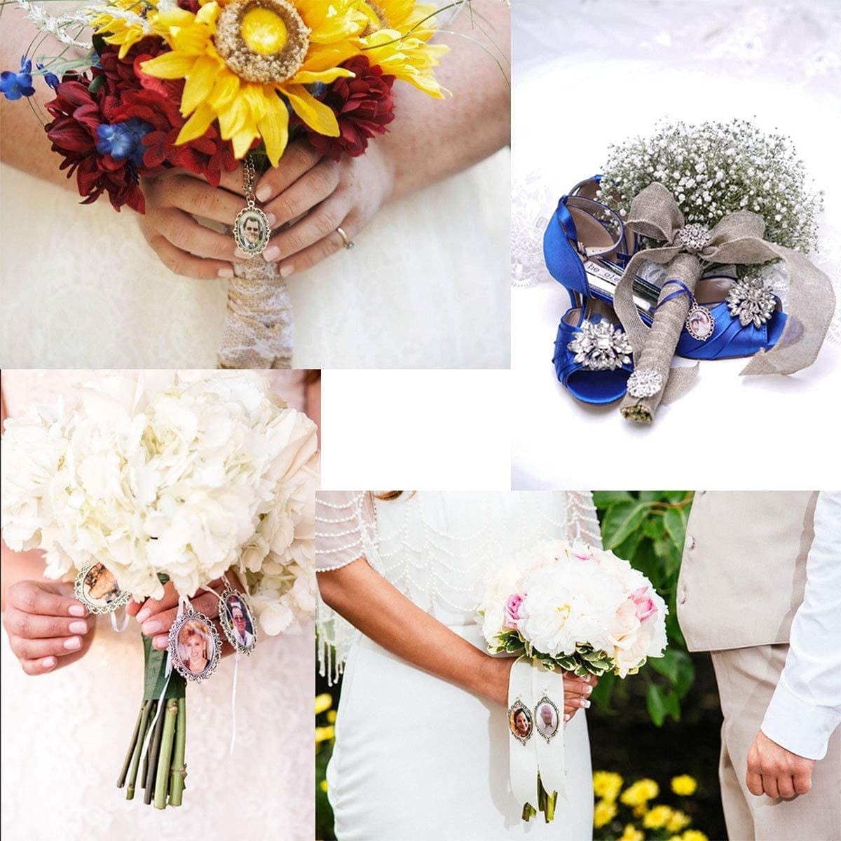 PH Pandahall Pendant Trays Set - 5Pcs Antique Silver Pendant Trays Cabochon Settings Wedding Bouquet Photo Charms, 5Pcs 1.5X1.1 Inch Oval Glass Cabochon Dome Tiles for DIY Wedding Bridal Graduation