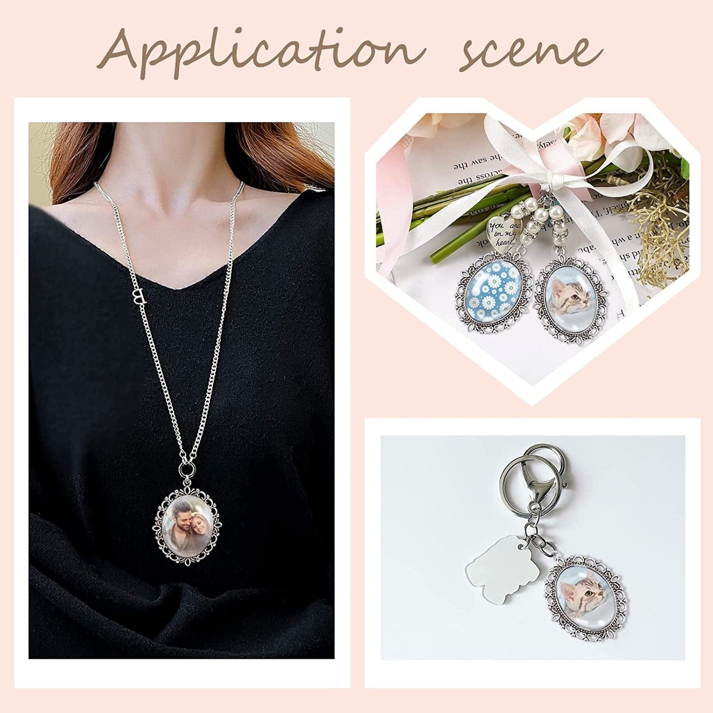 PH Pandahall Pendant Trays Set - 5Pcs Antique Silver Pendant Trays Cabochon Settings Wedding Bouquet Photo Charms, 5Pcs 1.5X1.1 Inch Oval Glass Cabochon Dome Tiles for DIY Wedding Bridal Graduation