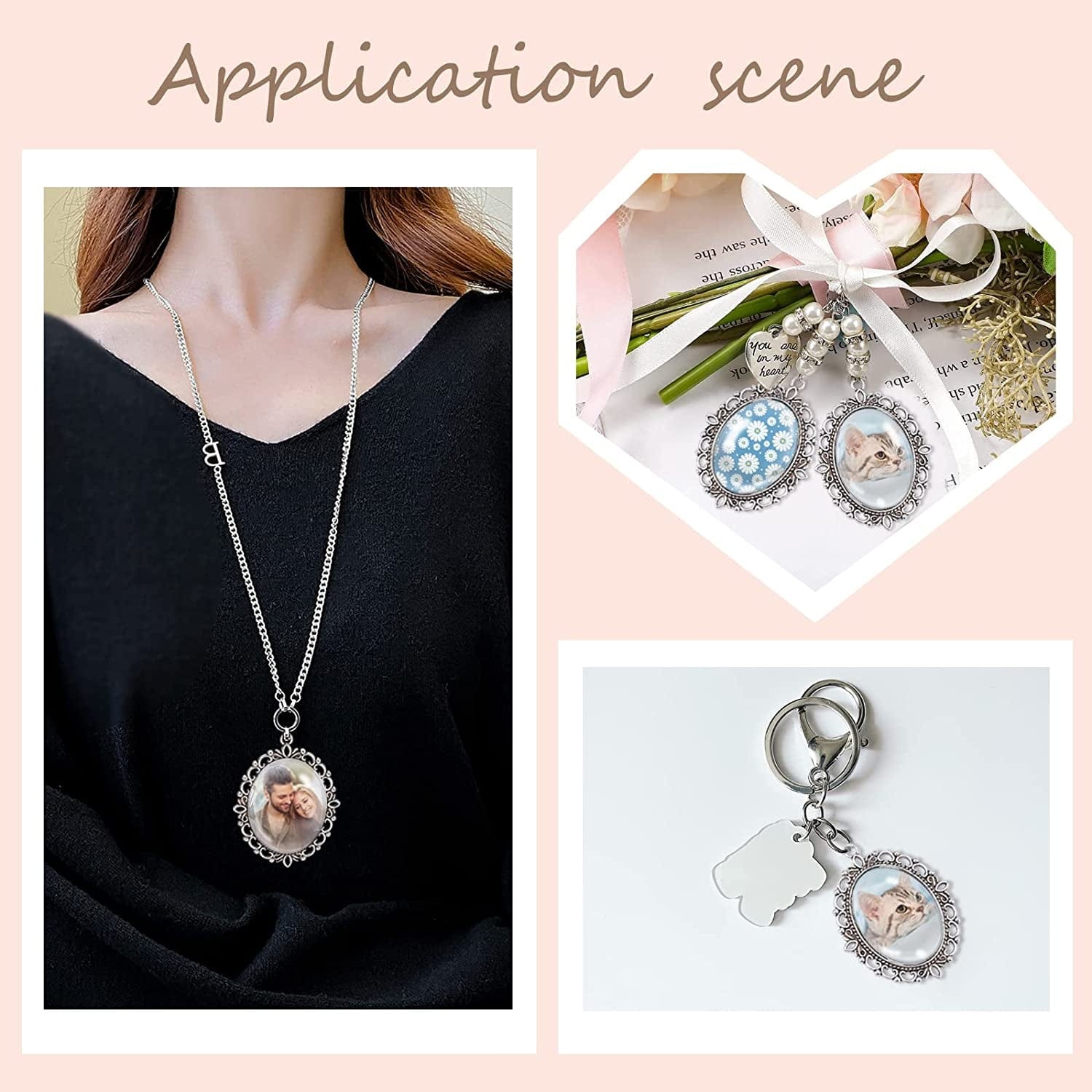 PH Pandahall Pendant Trays Set - 5Pcs Antique Silver Pendant Trays Cabochon Settings Wedding Bouquet Photo Charms, 5Pcs 1.5X1.1 Inch Oval Glass Cabochon Dome Tiles for DIY Wedding Bridal Graduation