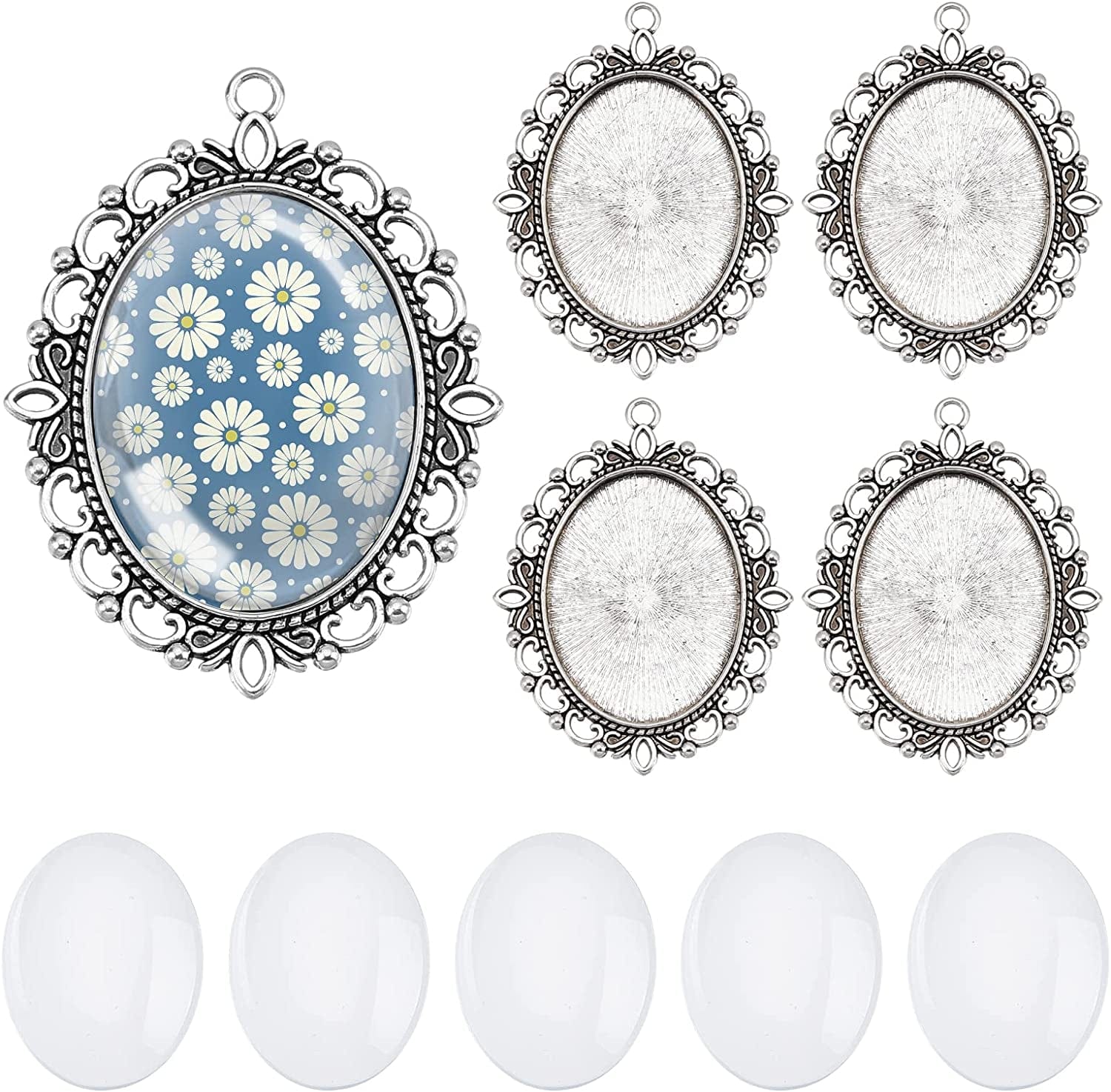 PH Pandahall Pendant Trays Set - 5Pcs Antique Silver Pendant Trays Cabochon Settings Wedding Bouquet Photo Charms, 5Pcs 1.5X1.1 Inch Oval Glass Cabochon Dome Tiles for DIY Wedding Bridal Graduation Antique Silver Oval - 5 Sets