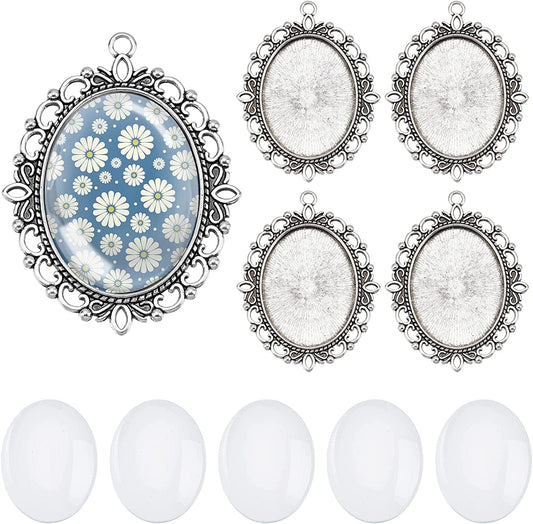 PH Pandahall Pendant Trays Set - 5Pcs Antique Silver Pendant Trays Cabochon Settings Wedding Bouquet Photo Charms, 5Pcs 1.5X1.1 Inch Oval Glass Cabochon Dome Tiles for DIY Wedding Bridal Graduation Antique Silver Oval - 5 Sets
