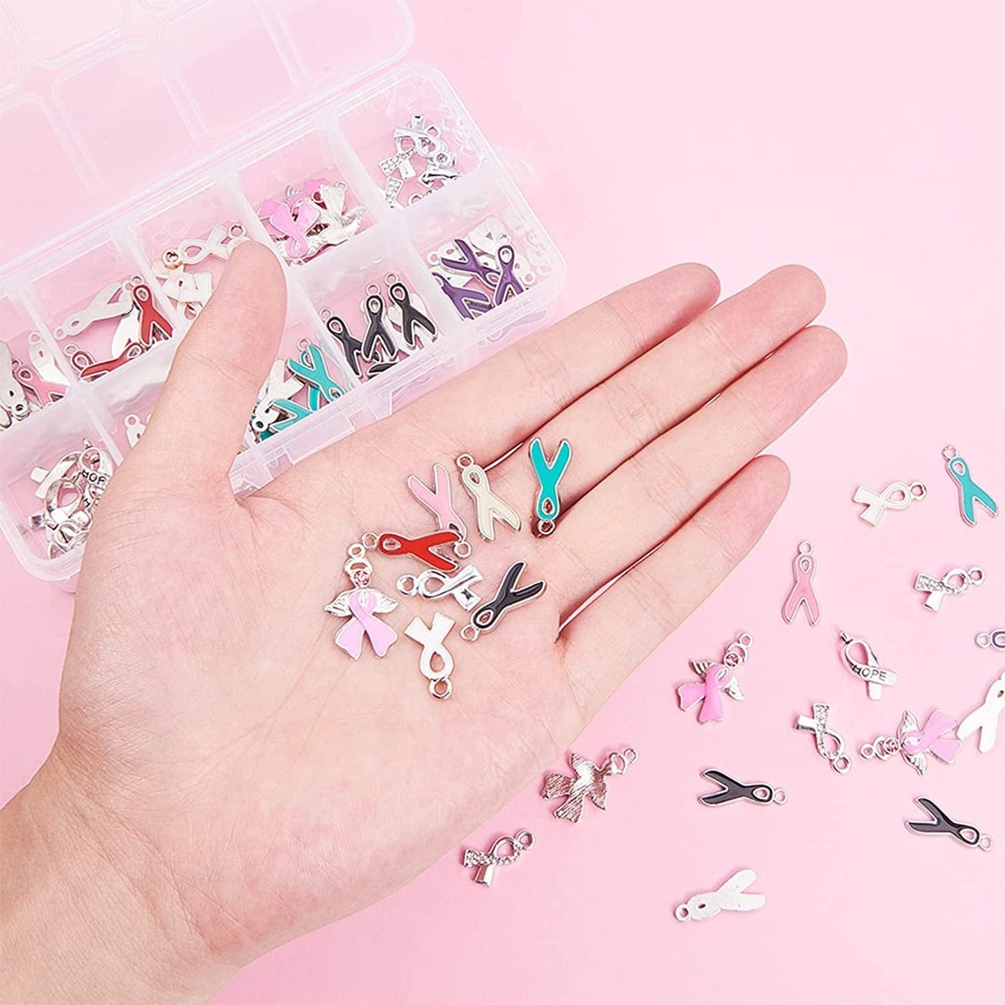 PH Pandahall Ribbon Pendants, 60 Pcs 10 Styles Colorful Alloy Ribbon Pendants Enamel Awareness Dangle Charms Beads for Earring Bracelet Necklace Jewelry Making