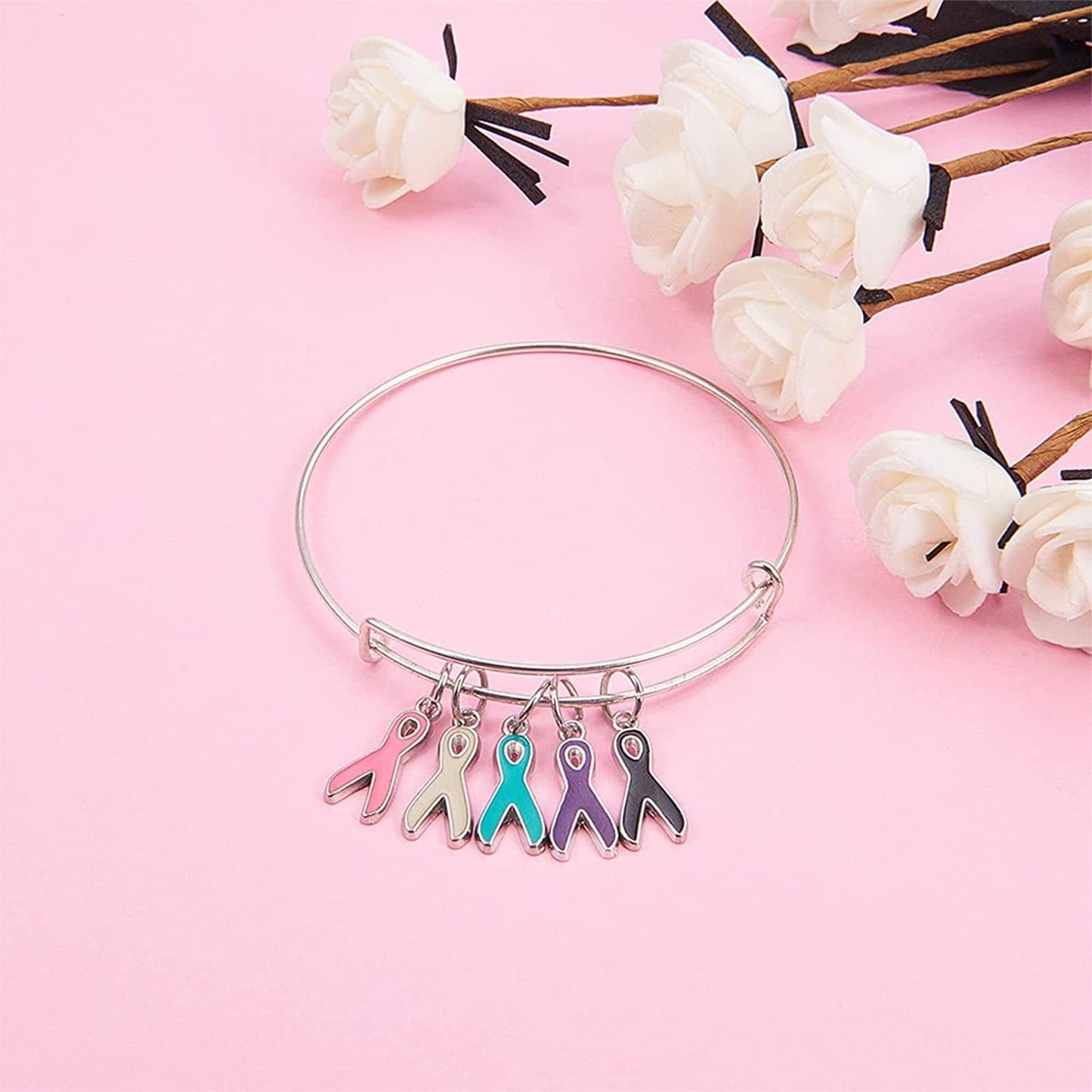 PH Pandahall Ribbon Pendants, 60 Pcs 10 Styles Colorful Alloy Ribbon Pendants Enamel Awareness Dangle Charms Beads for Earring Bracelet Necklace Jewelry Making