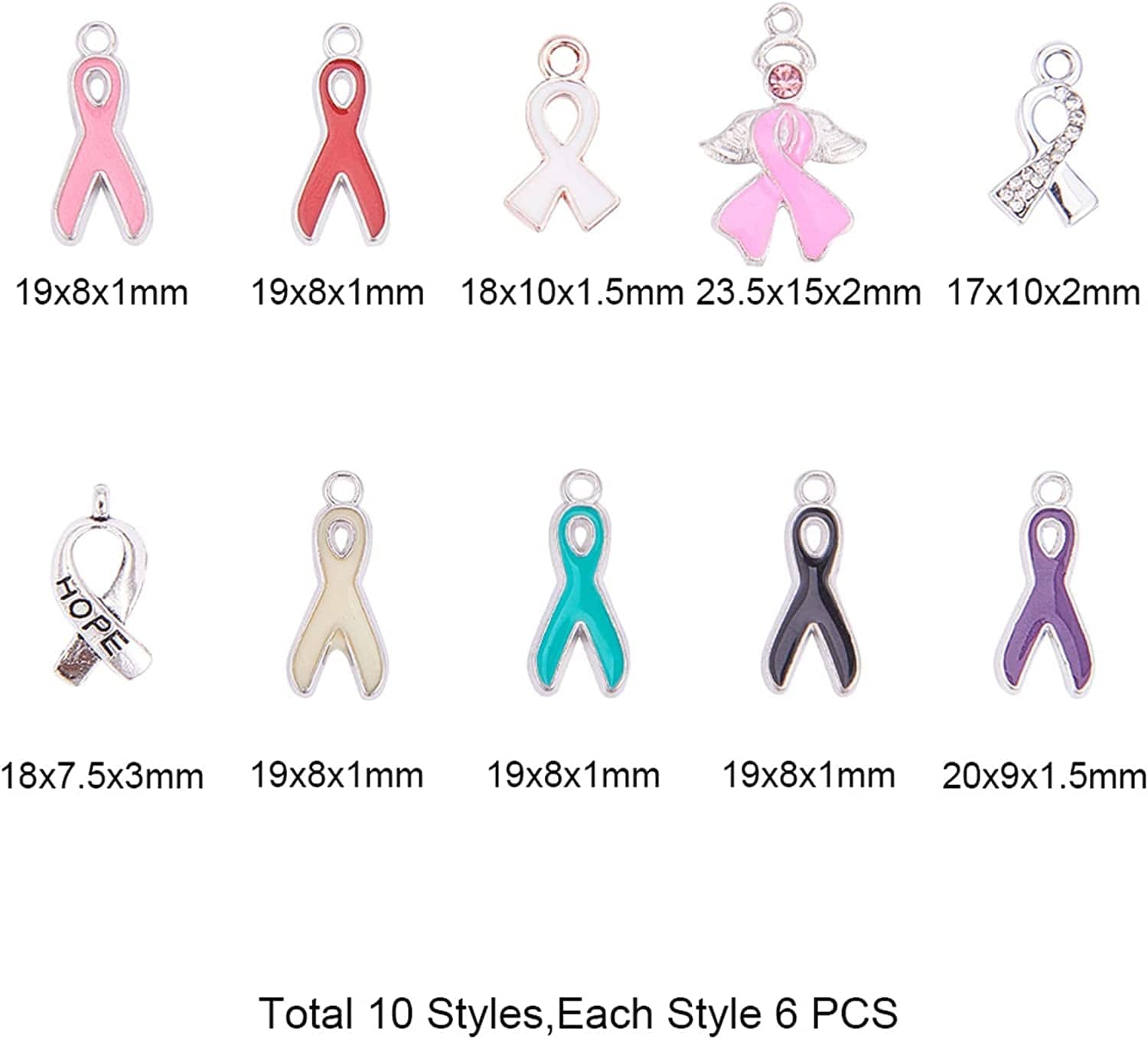 PH Pandahall Ribbon Pendants, 60 Pcs 10 Styles Colorful Alloy Ribbon Pendants Enamel Awareness Dangle Charms Beads for Earring Bracelet Necklace Jewelry Making