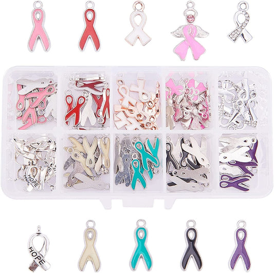 PH Pandahall Ribbon Pendants, 60 Pcs 10 Styles Colorful Alloy Ribbon Pendants Enamel Awareness Dangle Charms Beads for Earring Bracelet Necklace Jewelry Making Mixed Colors-60 Pcs / 10 Styles-Length 17~23.5mm