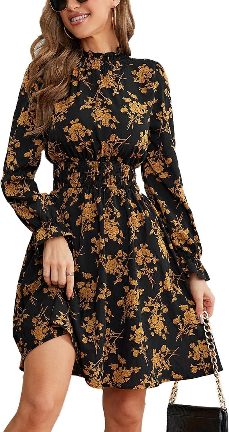 PHIXWORLD Women Long Sleeve Fall Wedding Guest Dress 2023 High Neck Flowy Smocked Dresses Caramel / X-Large