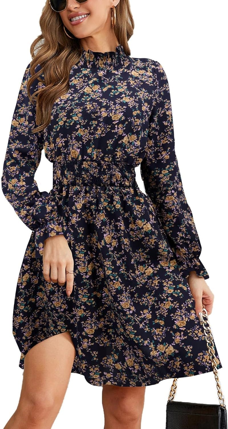 PHIXWORLD Women Long Sleeve Fall Wedding Guest Dress 2023 High Neck Flowy Smocked Dresses Dark Blue / Medium