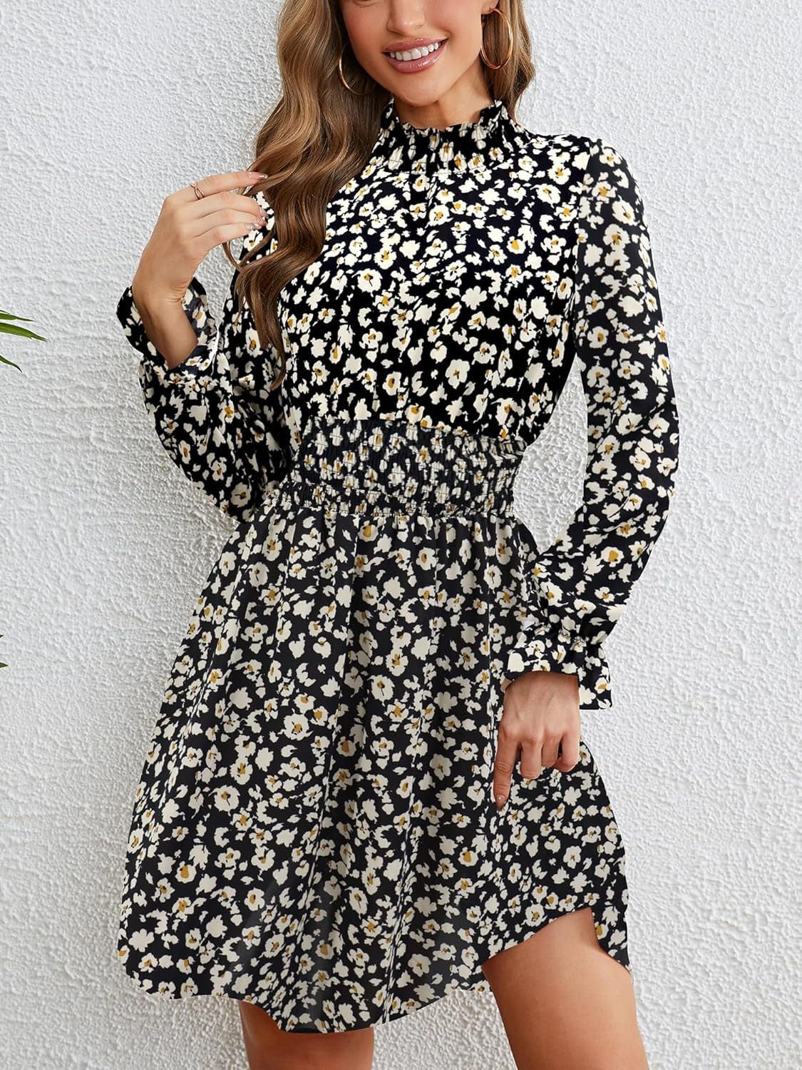 PHIXWORLD Women Long Sleeve Fall Wedding Guest Dress 2023 High Neck Flowy Smocked Dresses