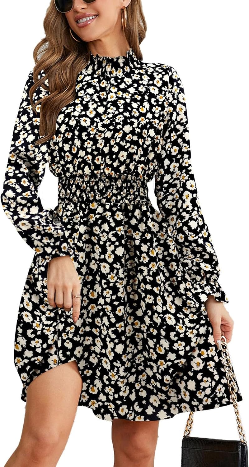 PHIXWORLD Women Long Sleeve Fall Wedding Guest Dress 2023 High Neck Flowy Smocked Dresses