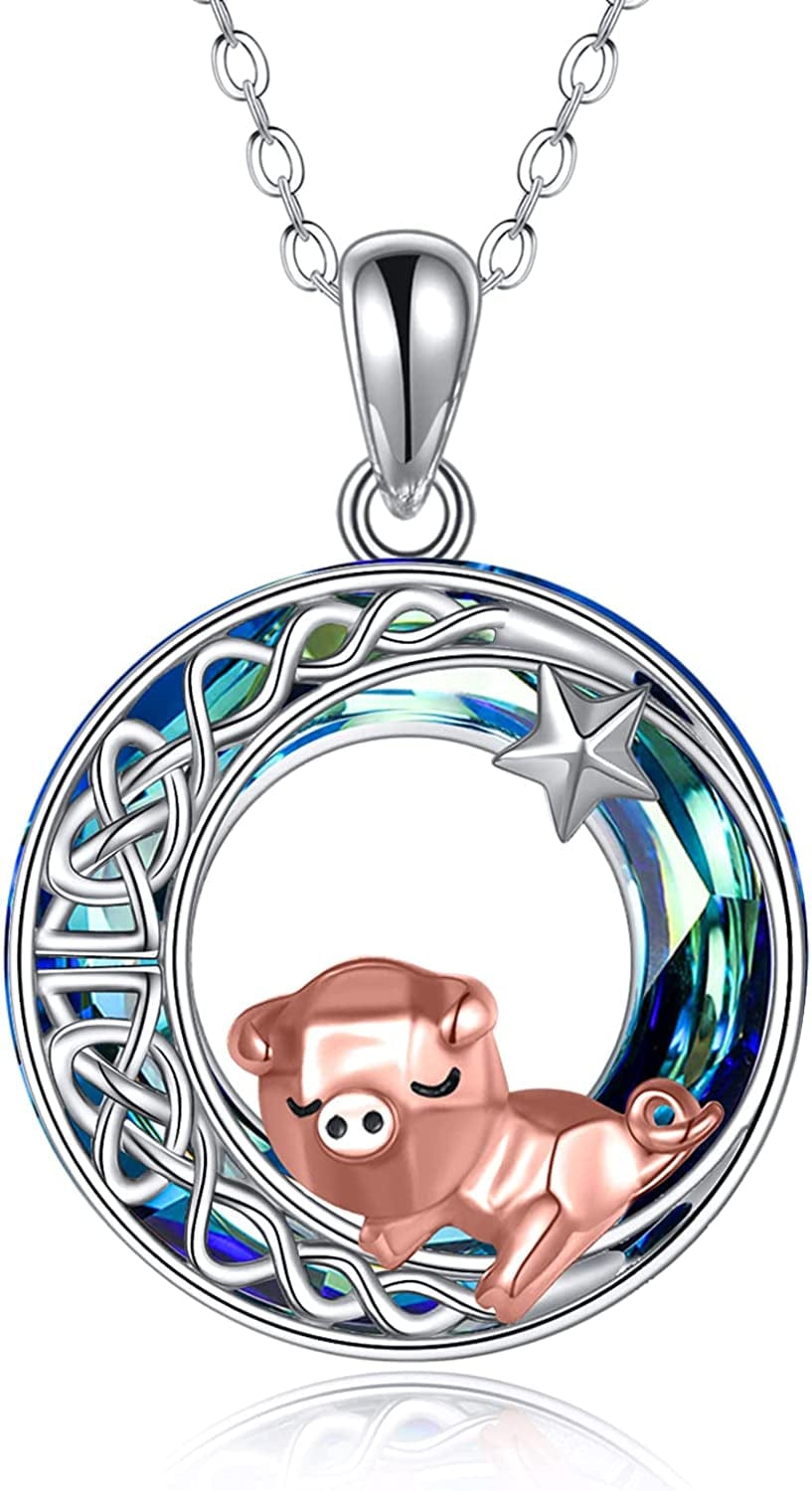 Pig Necklace S925 Sterling Silver Origami Pig Necklace for Women Moon star pig