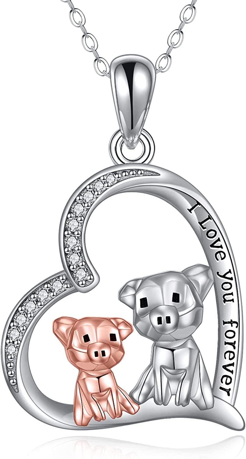 Pig Necklace S925 Sterling Silver Origami Pig Necklace for Women double heart pig